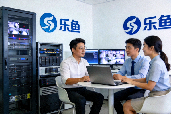 乐鱼品牌形象展示：现代办公环境与安全技术团队协作场景