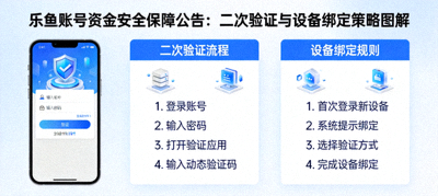 乐鱼账号资金安全保障公告：二次验证与设备绑定策略图解，手机显示验证应用与盾牌图标